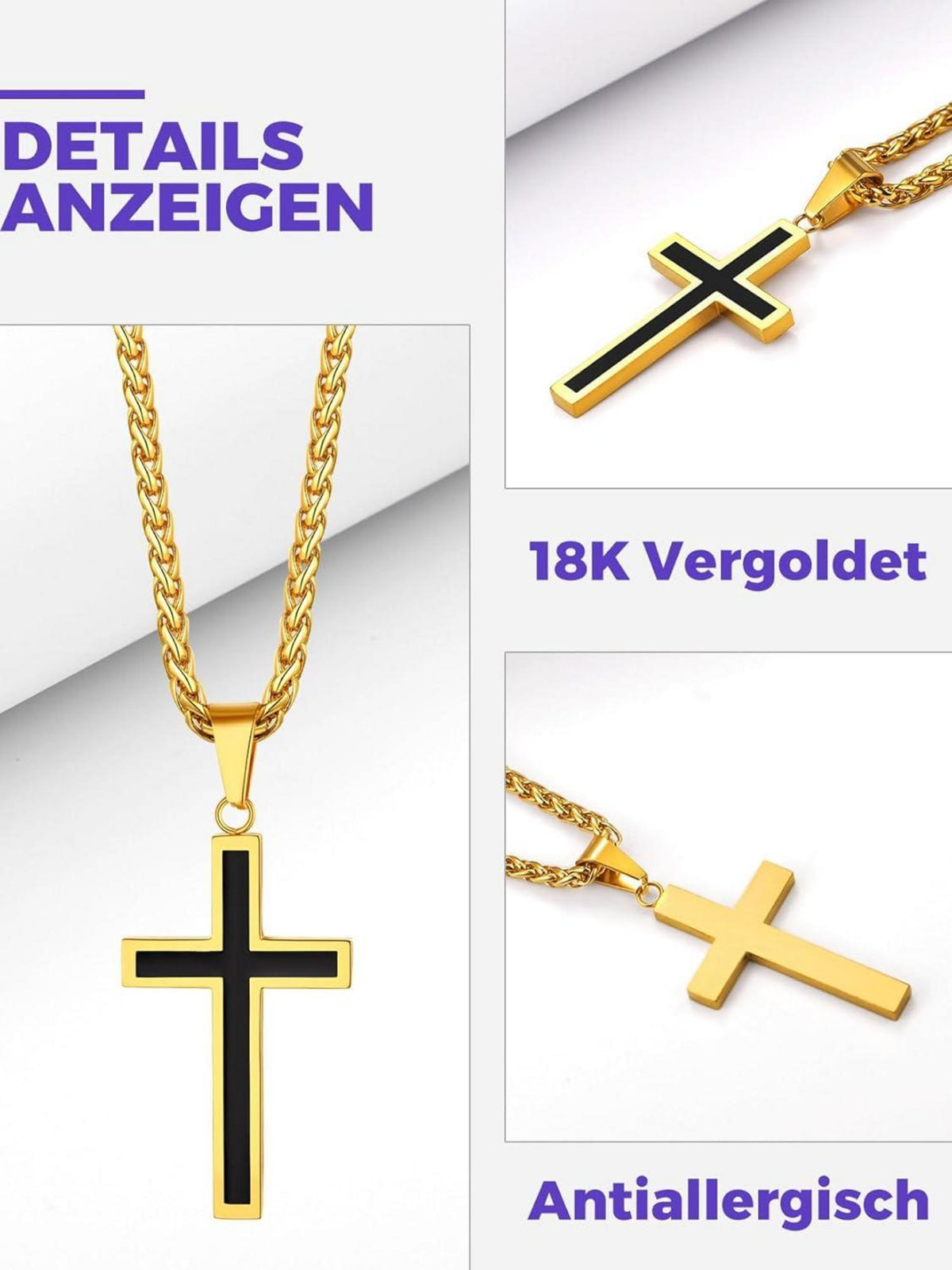 Edelstahl Kreuz Anhänger Halskette Silber Schwarz Gold Strandkette