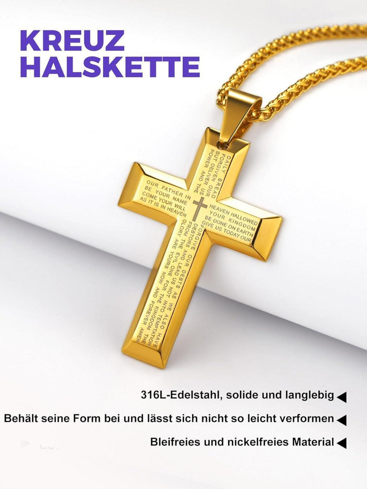 Edelstahl Kreuz Anhänger Halskette Schwarz 18k Unisex