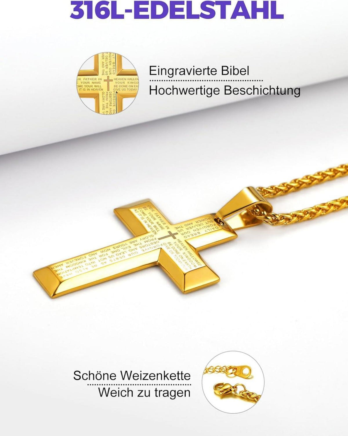Edelstahl Kreuz Anhänger Halskette mit Weizenkette, Silber/Gold/Schwarz, 18k Vergoldet