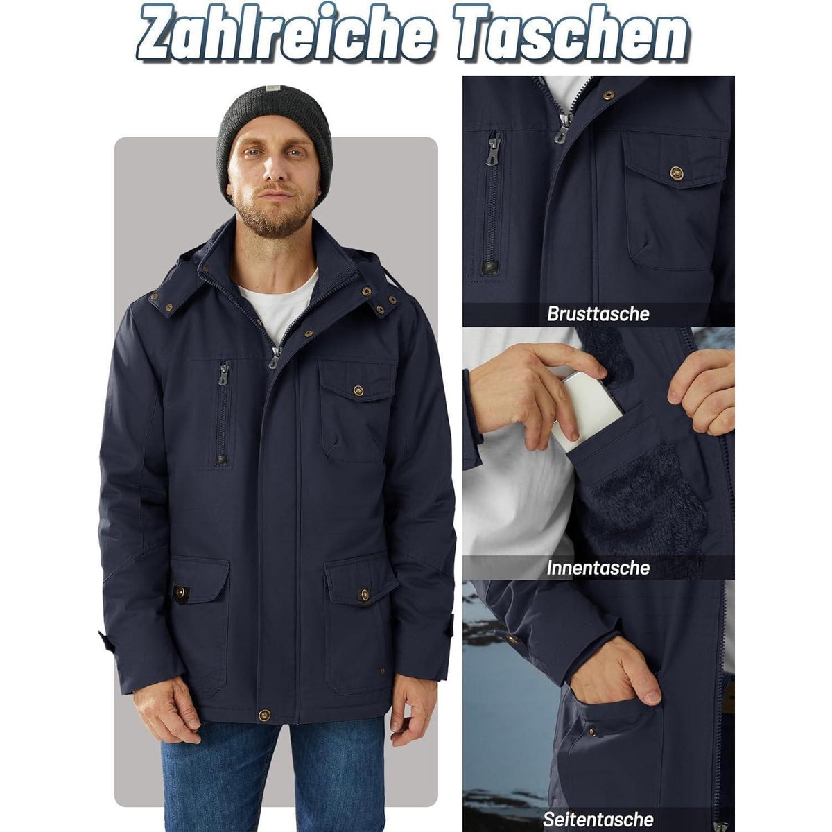 Herren Winterjacke gefüttert mit Kapuze & Cargo Taschen Dunkelblau