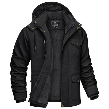 Herren Winterparka mit Kapuze & Cargo Taschen – Schwarz