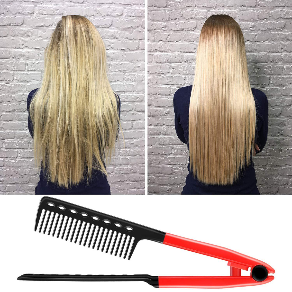 2er Set Haarglätter Kamm Glättkamm V-Form Schwarz/Rosa 24,5 cm