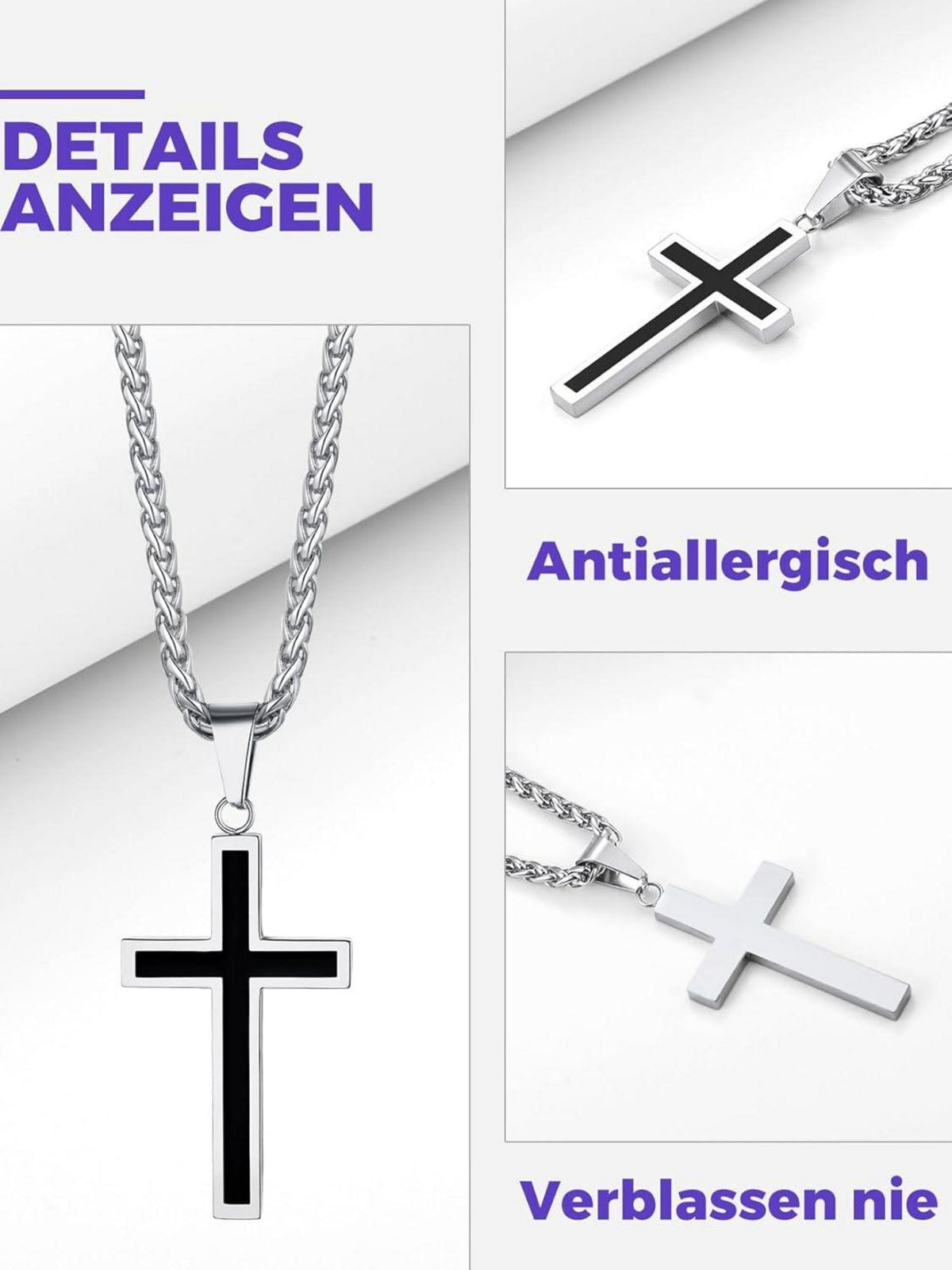 Kreuz Anhänger Halskette Silber Gold Schwarz Weizenkette 50+5cm