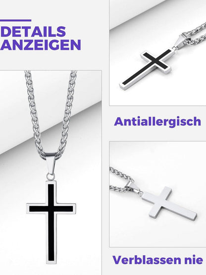 Kreuz Anhänger Halskette Silber Gold Schwarz Weizenkette 50+5cm