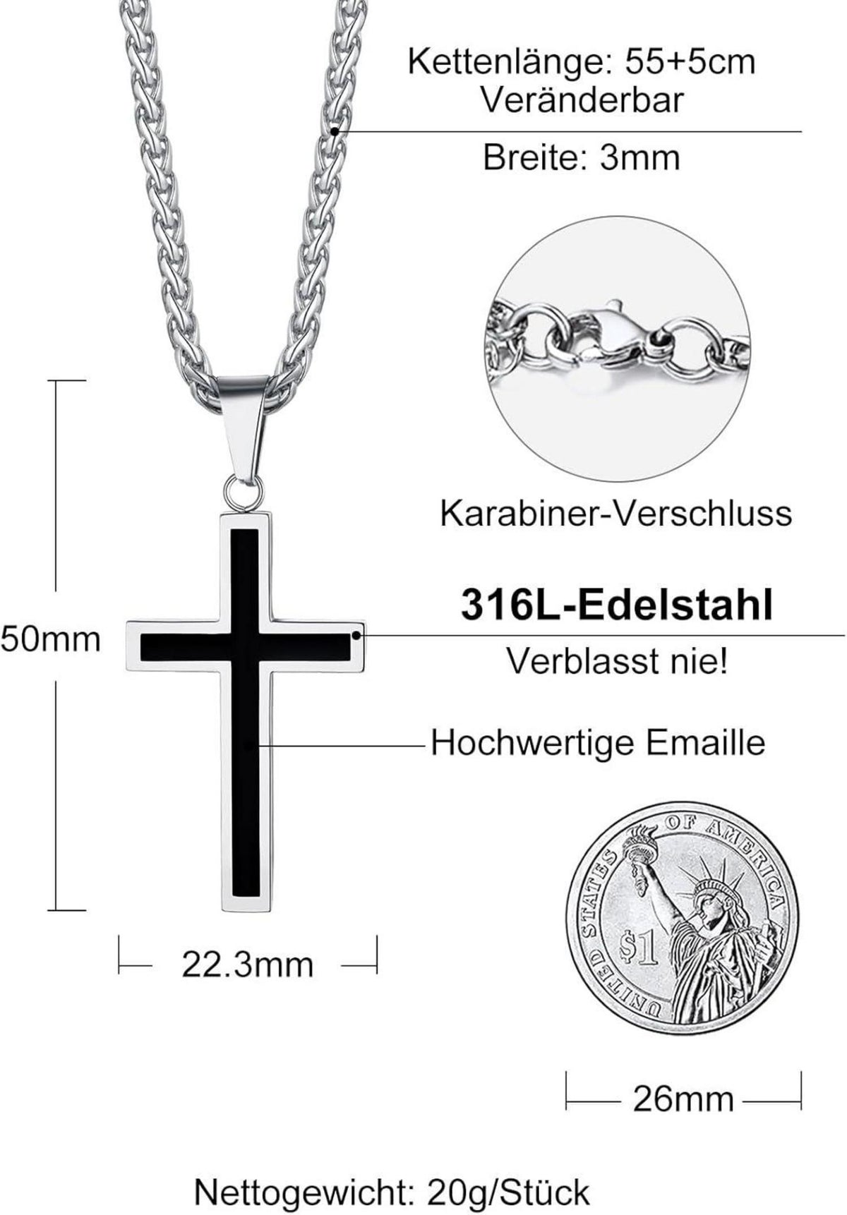 Richsteel Edelstahl Kreuz Anhänger Halskette Schwarz Weizenkette 55cm