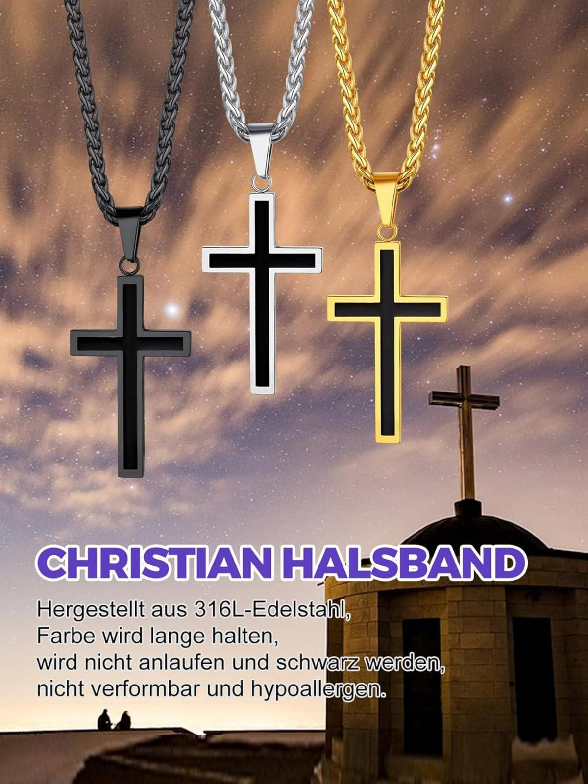 Edelstahl Kreuz Anhänger Halskette Silber Gold Schwarz 50+5cm