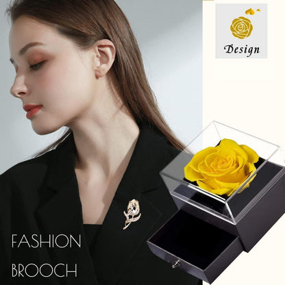 Ewige gelbe konservierte Rose mit Brosche, Geschenkbox für