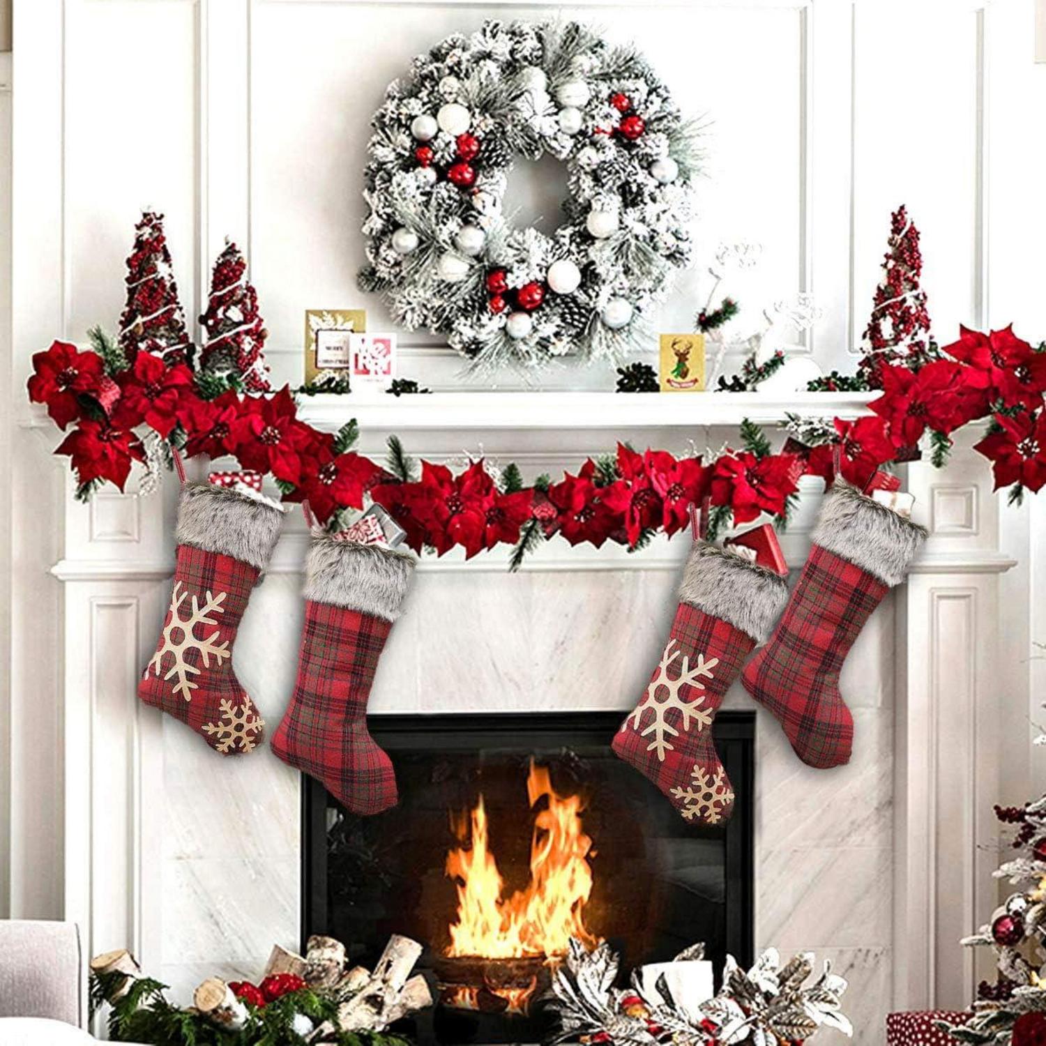 Weihnachtsstrumpf Set 4 Stück Rot Groß Plaid 46cm für