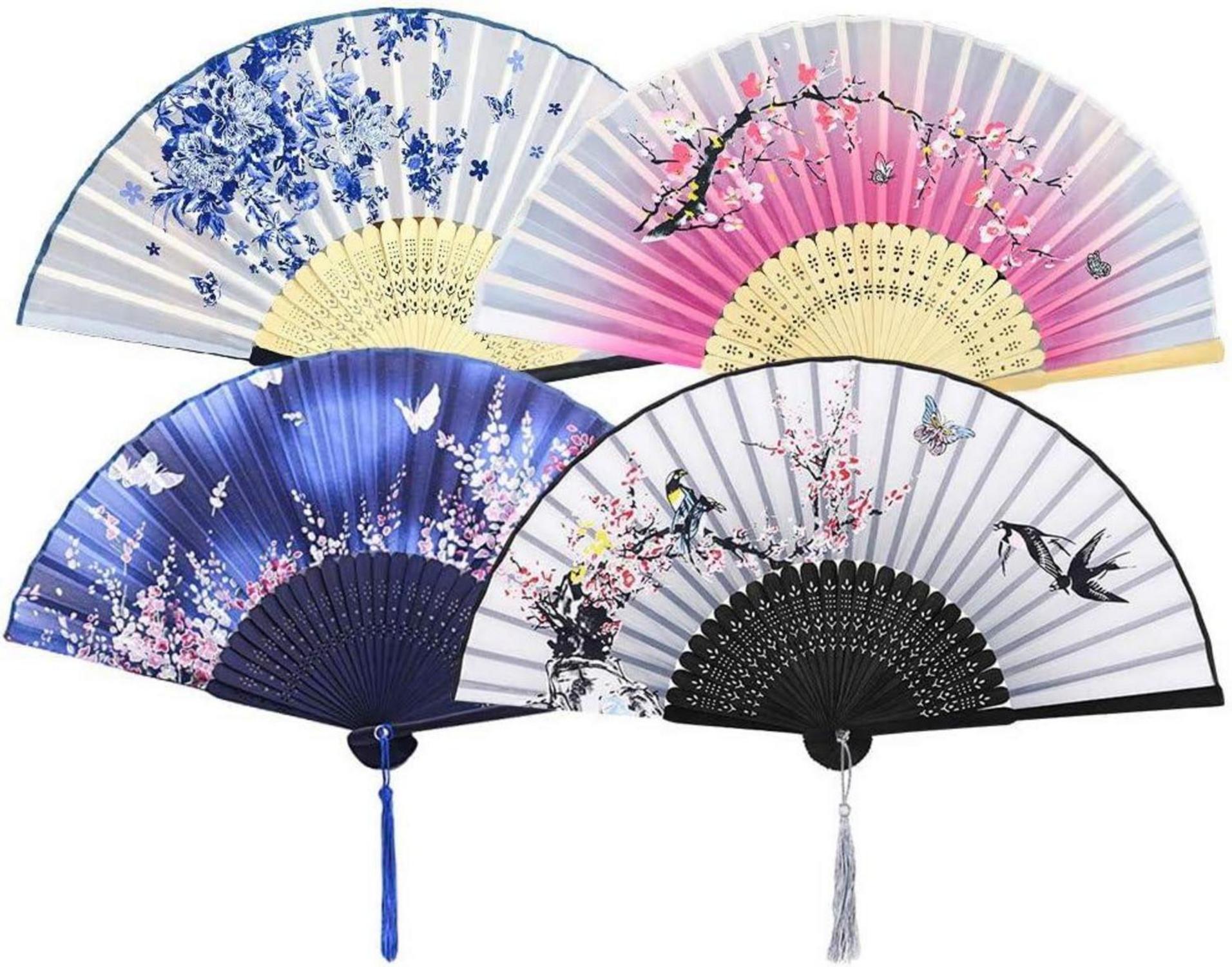 Chinesische Handfächer aus Bambus-Set mit Quasten, Wanddekoration