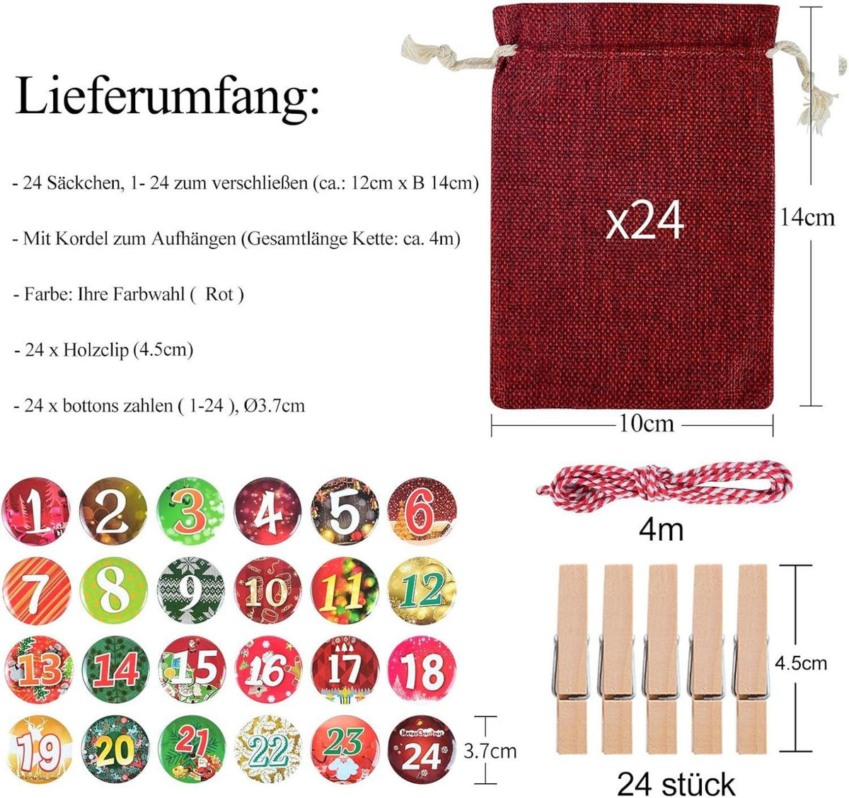 Adventskalender Kette Weihnachten Jute-säckchen DIY Rot 10 x 14 cm