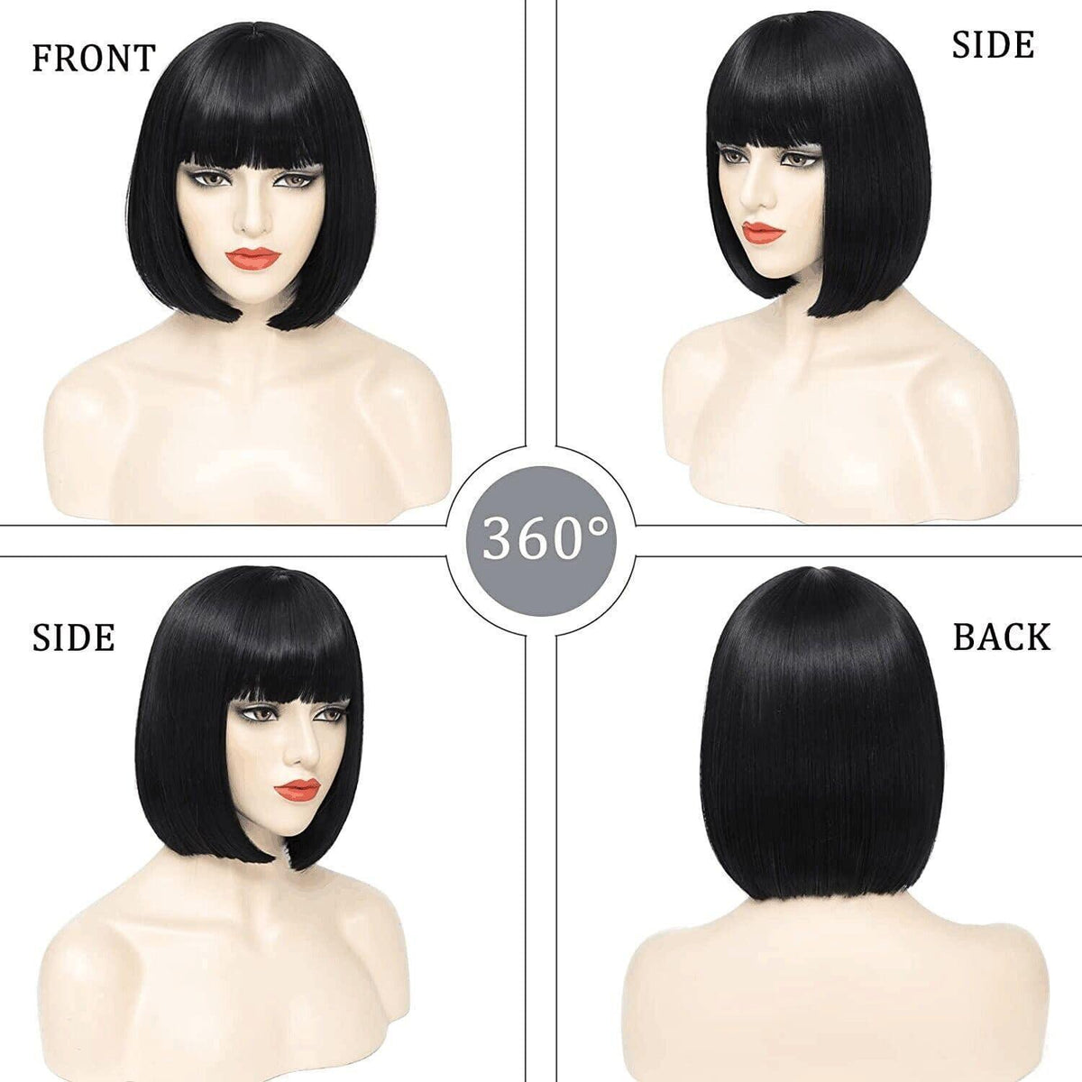 Kurze schwarze Bob Perücke mit Pony – Synthetisch & Vielseitig