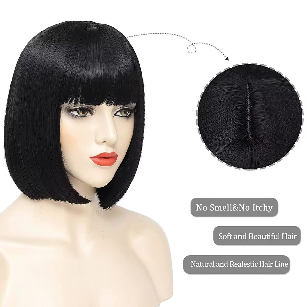 Kurze schwarze Bob Perücke mit Pony – Synthetisch & Vielseitig