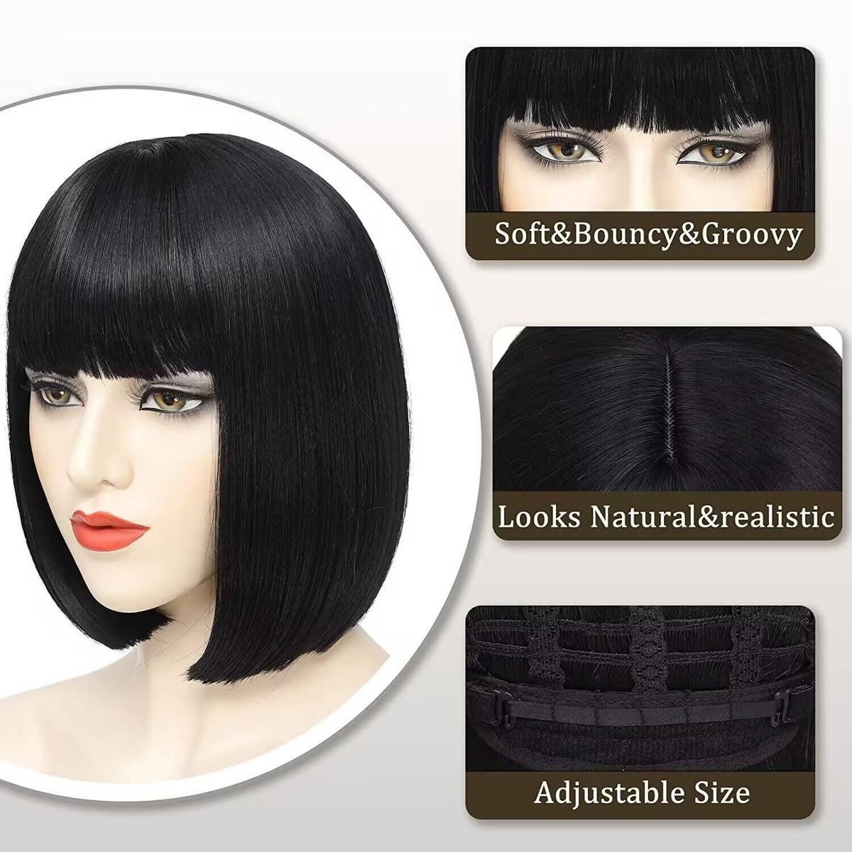 Kurze schwarze Bob Perücke mit Pony – Synthetisch & Vielseitig
