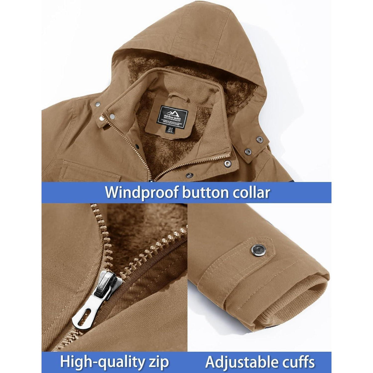 Herren Winterjacke Warm Gefüttert Militärstil Khaki 3XL