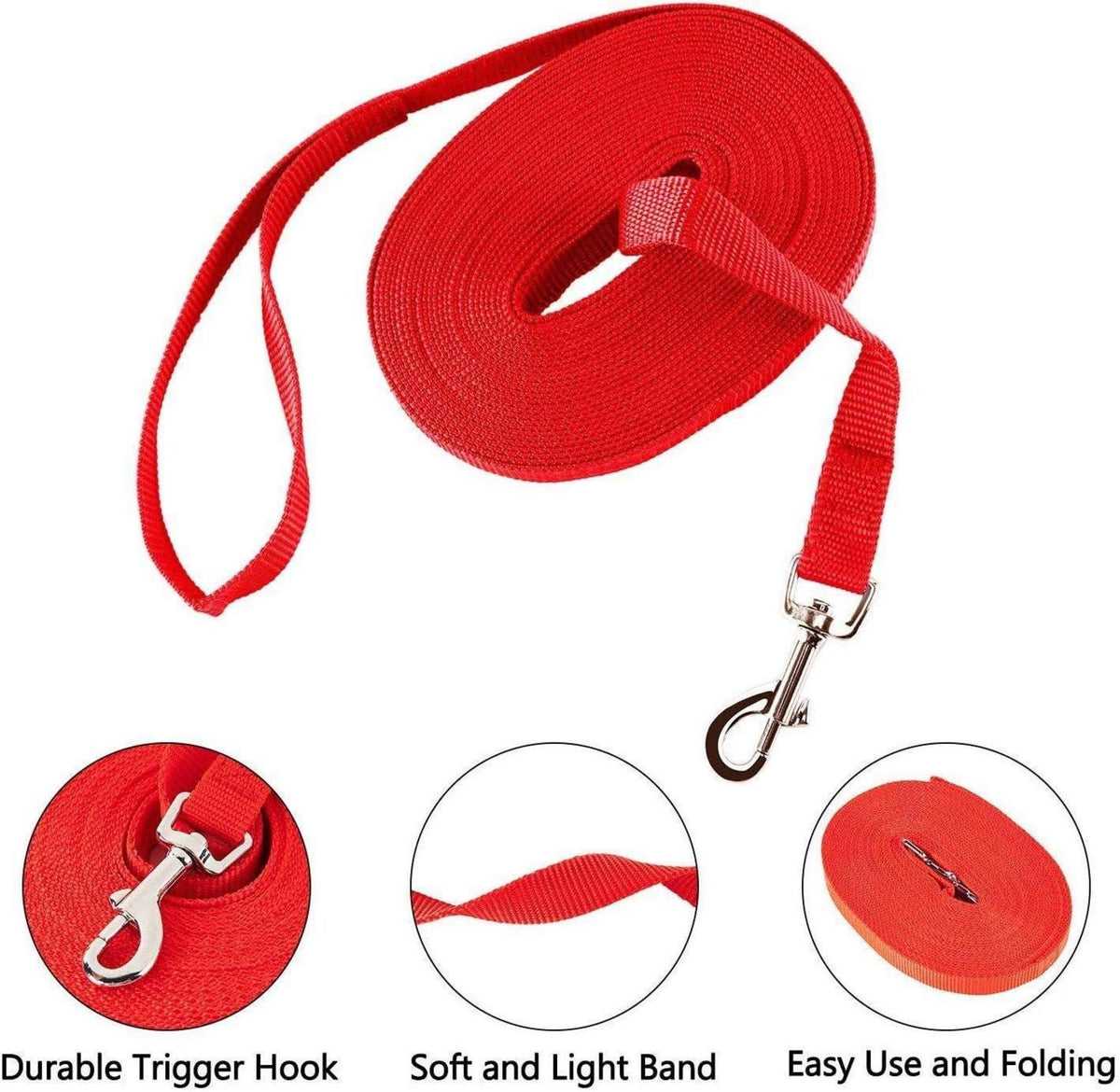 Hundeschleppleine Nylon Robust Wetterfest D-Karabiner 33m Rot