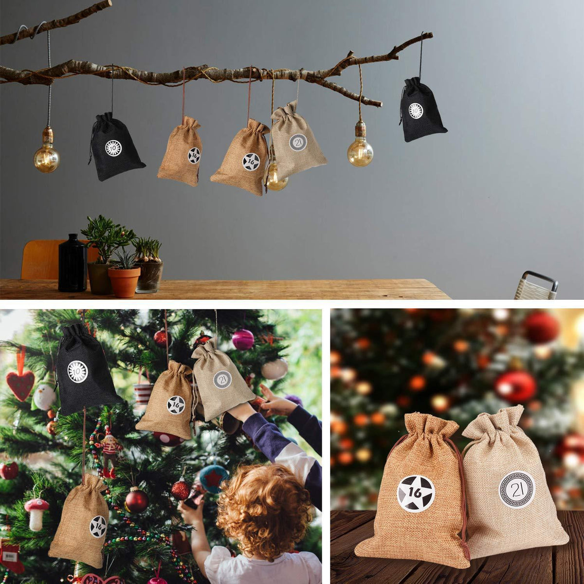 Adventskalender Stoffbeutel Set mit Zahlenaufkleber & Jutebeutel