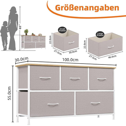 Kommode mit 5 Stoffschubladen – Aschgrau, 100x30x55 cm