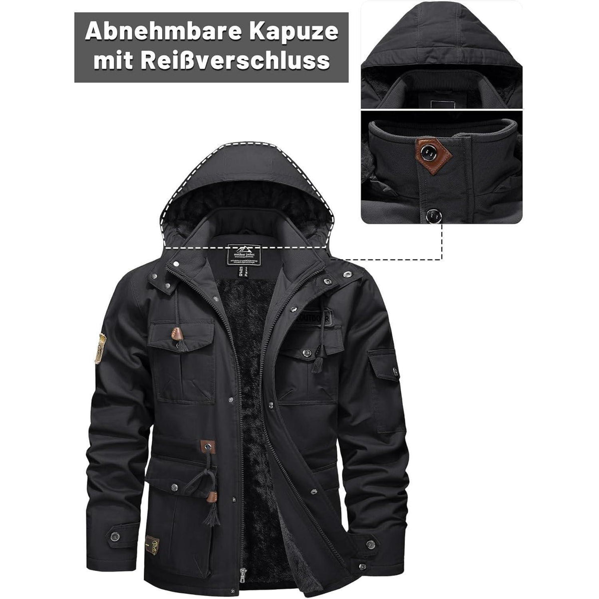 Herren Winter Fleecejacke mit Kapuze – Grau, Outdoor & Arbeitsjacke