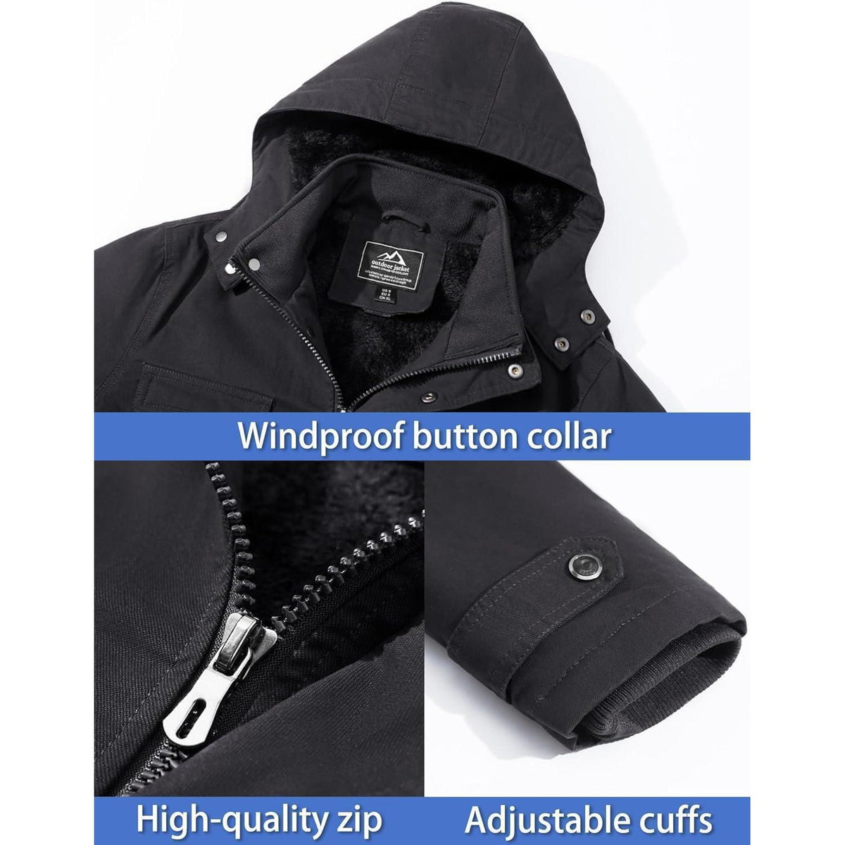 Herren Winter Fleecejacke mit Kapuze – Grau, Outdoor & Arbeitsjacke