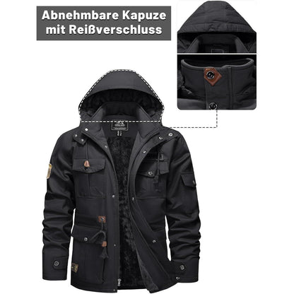 Herren Winterjacke Fleecegefüttert Cargotasche Grau Outdoorjacke