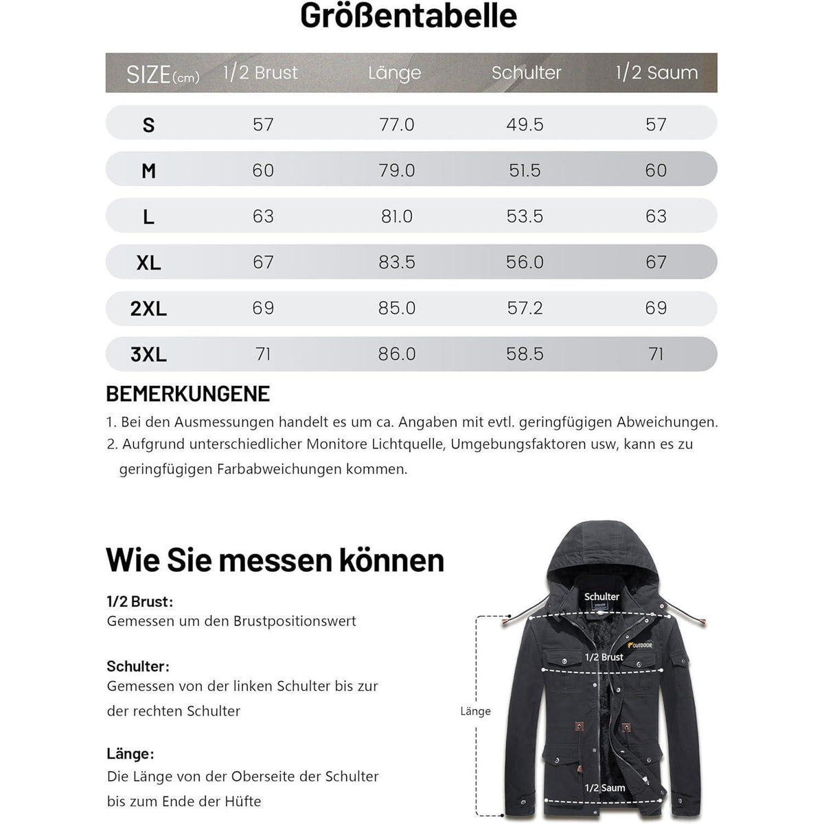 Herren Winterparka Fleecegefüttert mit Taschen & Kapuze Dunkelgrau