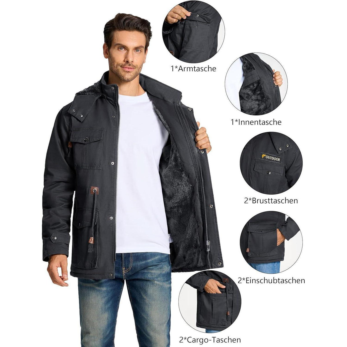 Herren Winterparka Fleecegefüttert mit Taschen & Kapuze Dunkelgrau