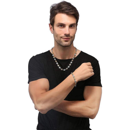 Herren Kaffeebohnen Kette & Armband Set Edelstahl 9mm 51cm Silber