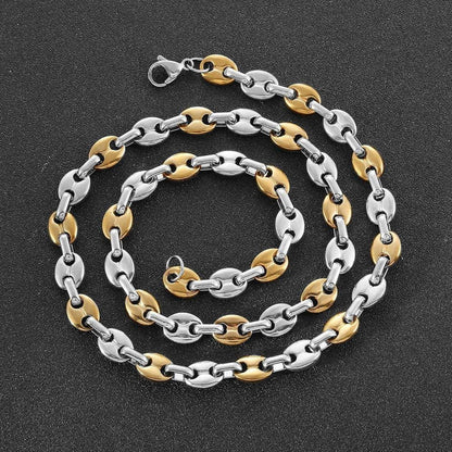 Herren Kaffeebohnen Kette & Armband Set Edelstahl 9mm 51cm Silber