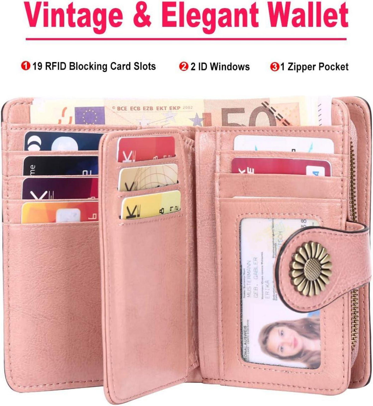 TEUEN Damen Geldbörse Vintage Leder RFID Schutz Rosa