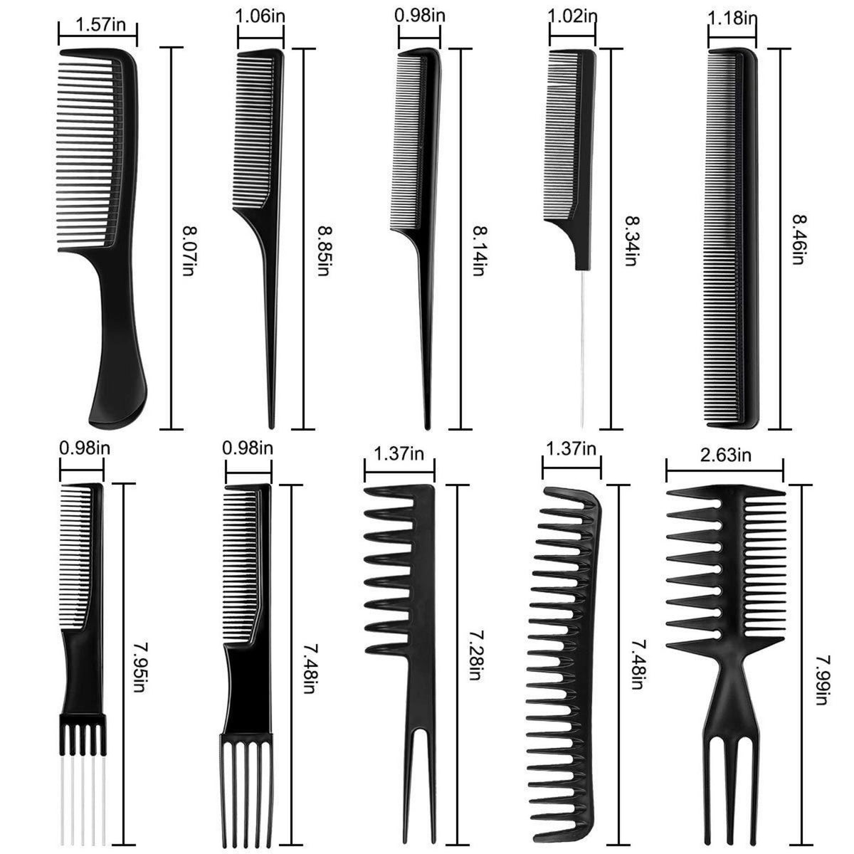 Professionelles 10-teiliges Haarstyling Kammset, Schwarz mit Tragetasche