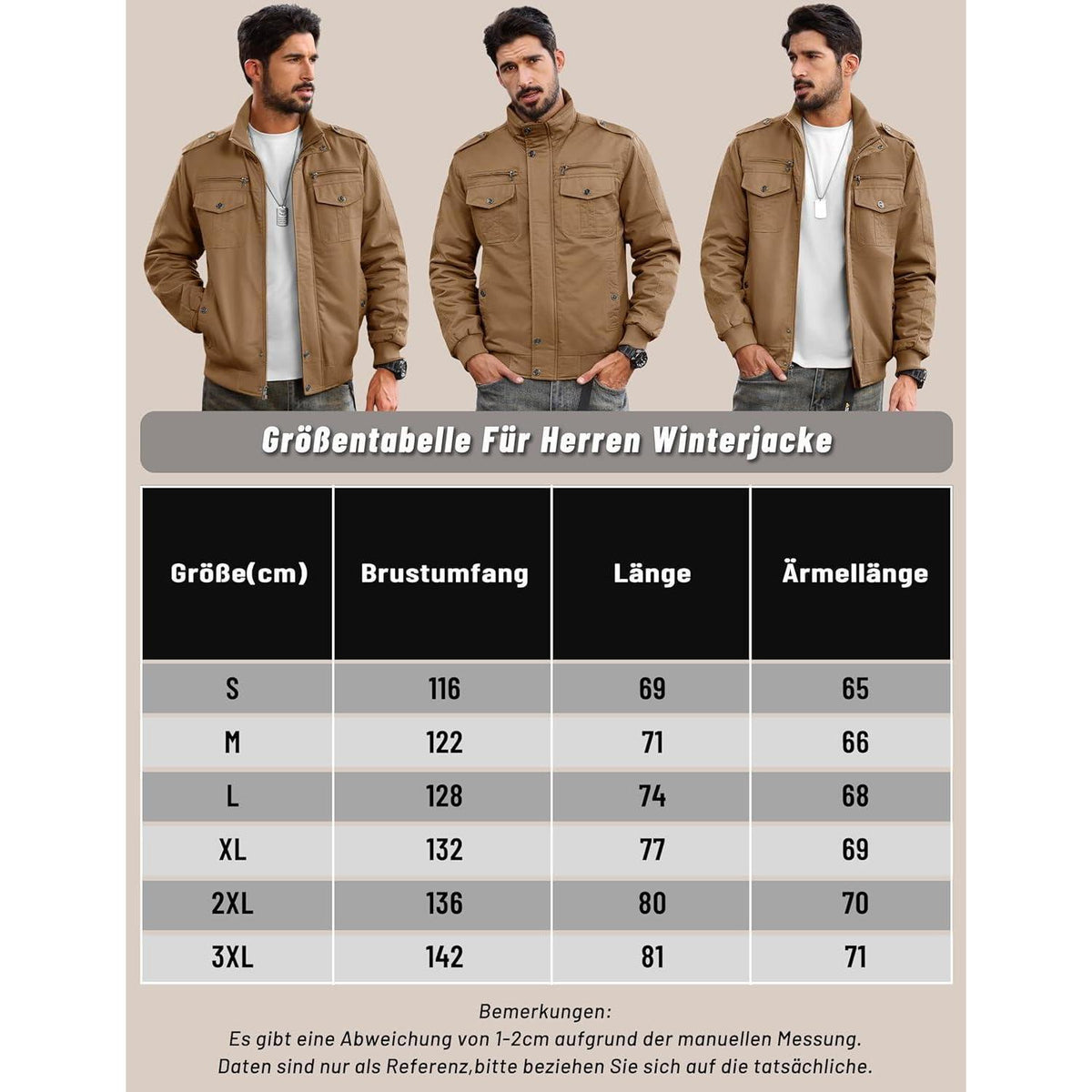 Herren Fleecejacke Winterjacke Warm & Funktional – Outdoor Parka Khaki