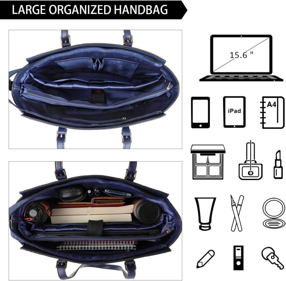 Schwarze Damen Handtasche Groß 15.6 Zoll Laptop Schultertasche Luxus Leder Büro Umhängetasche