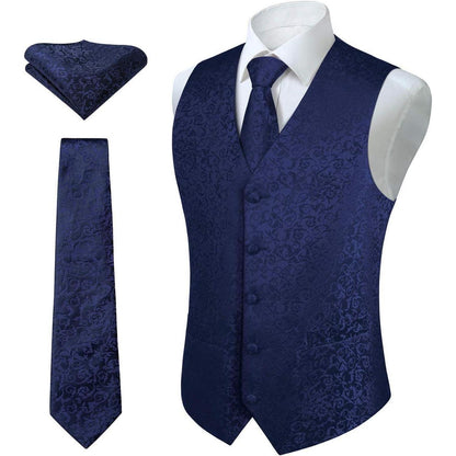 Herren Weste Krawatte Einstecktuch Set Marineblau Jacquard Seide
