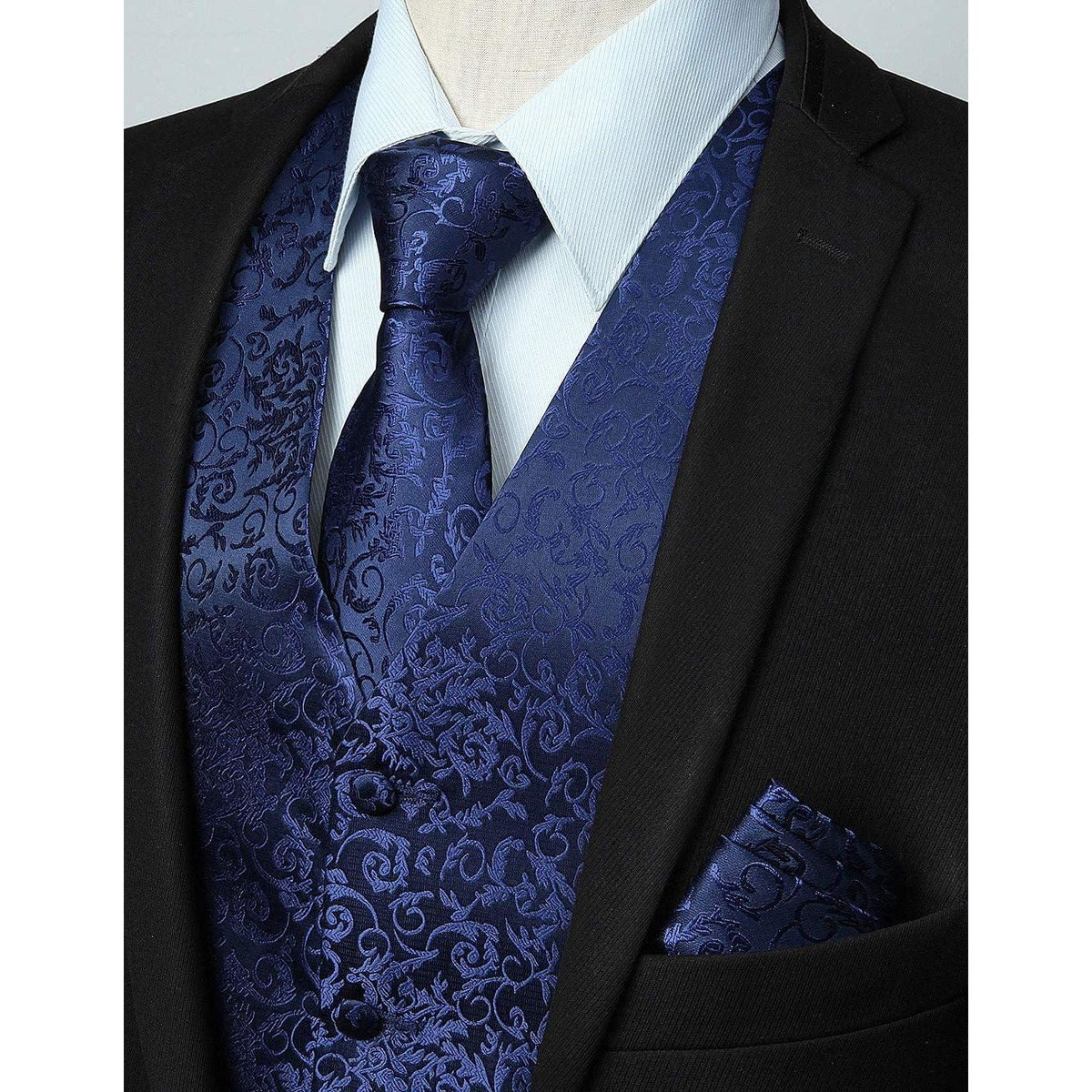 Herren Weste Krawatte Einstecktuch Set Marineblau Jacquard Seide