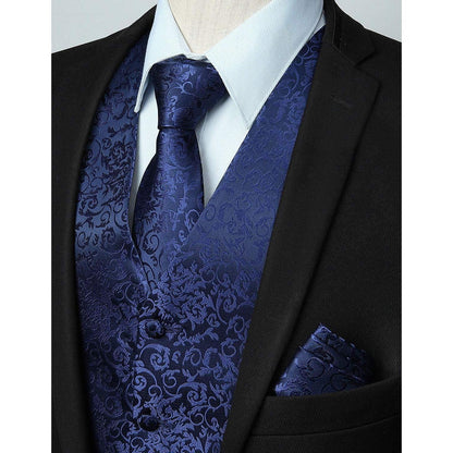 Herren Weste Krawatte Einstecktuch Set Marineblau Jacquard Seide