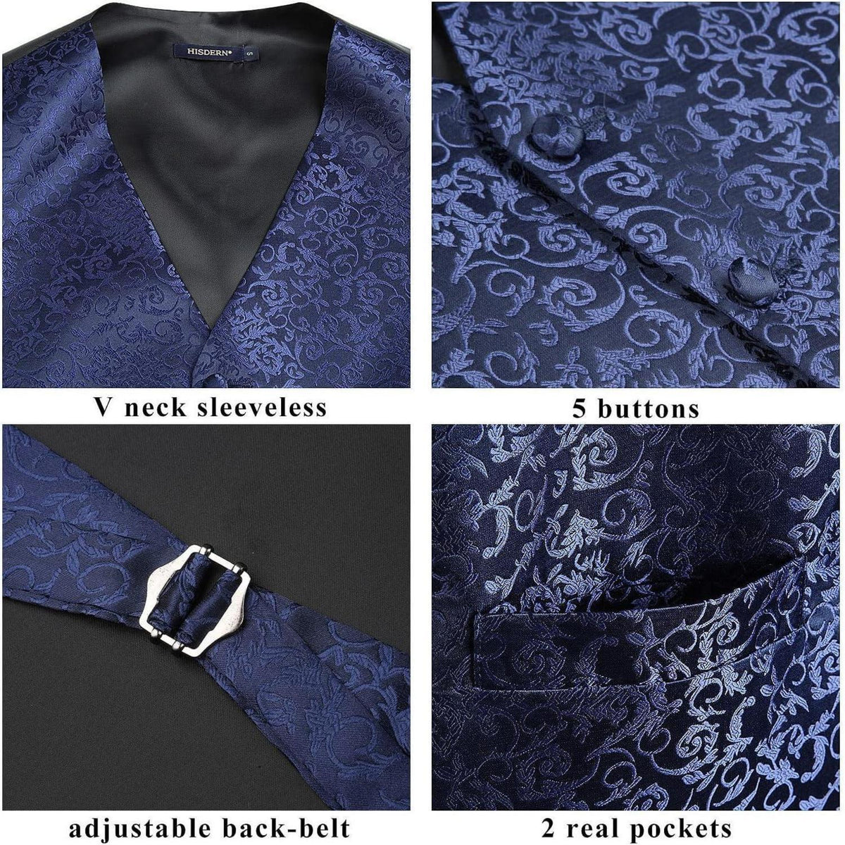 Herren Weste Krawatte Einstecktuch Set Marineblau Jacquard Seide