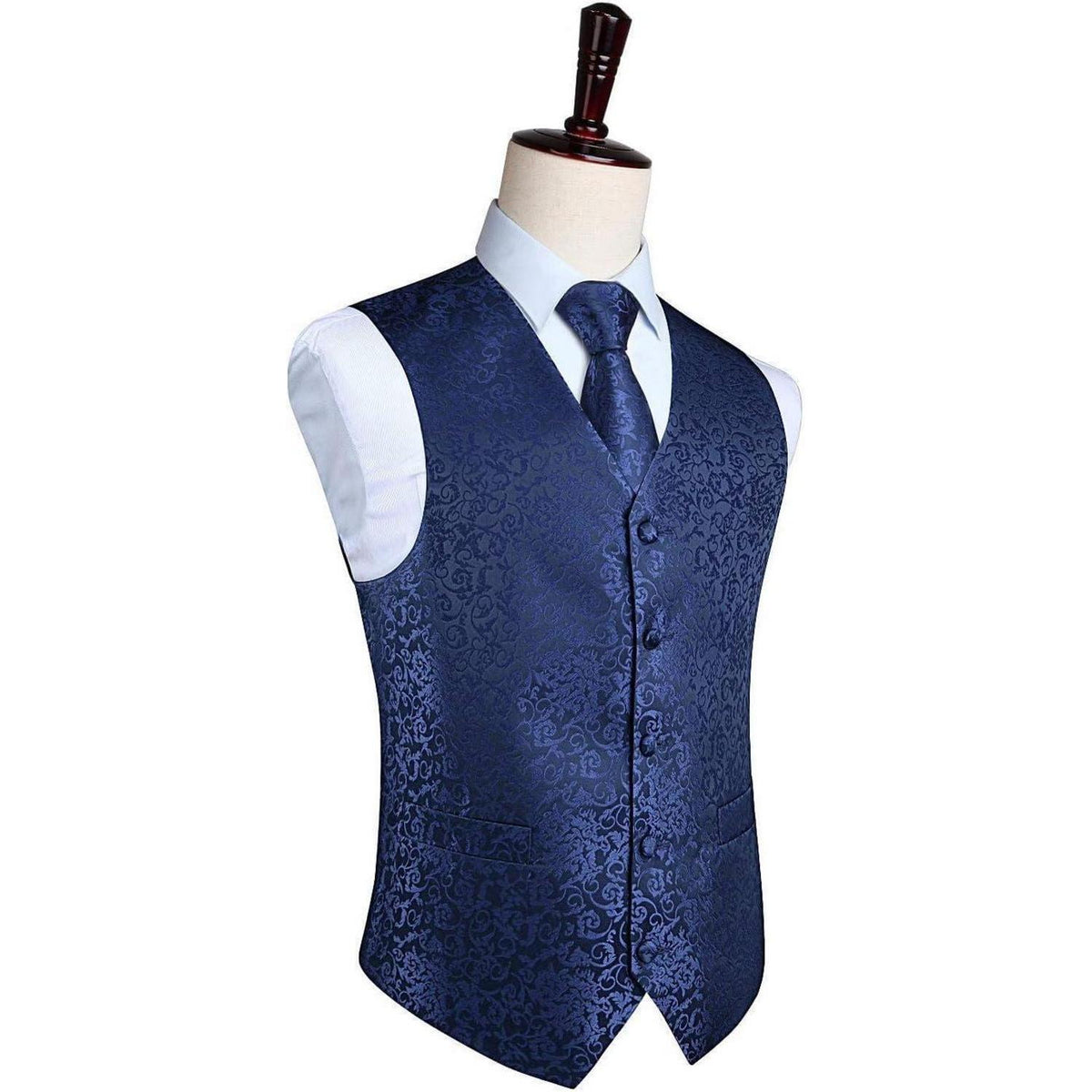Herren Weste Krawatte Einstecktuch Set Marineblau Jacquard Seide