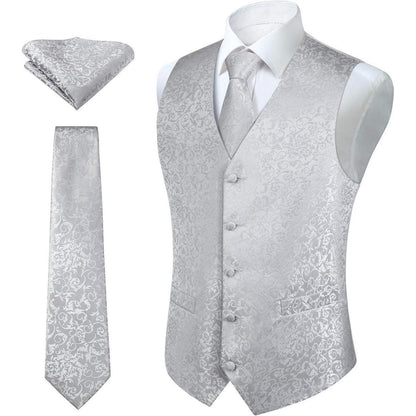 Herren Weste Krawatte Einstecktuch Set Silber-Grau Jacquard Seide
