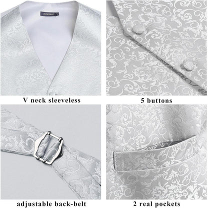 Herren Weste Krawatte Einstecktuch Set Silber-Grau Jacquard Seide