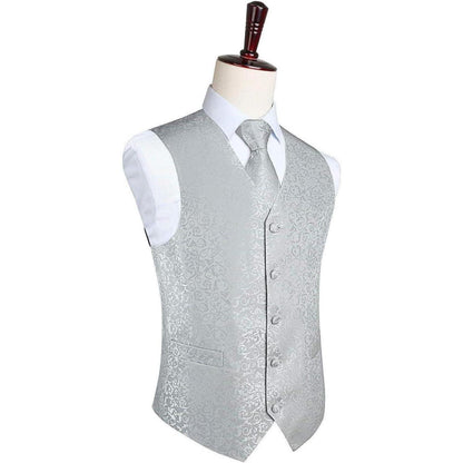 Herren Weste Krawatte Einstecktuch Set Silber-Grau Jacquard Seide