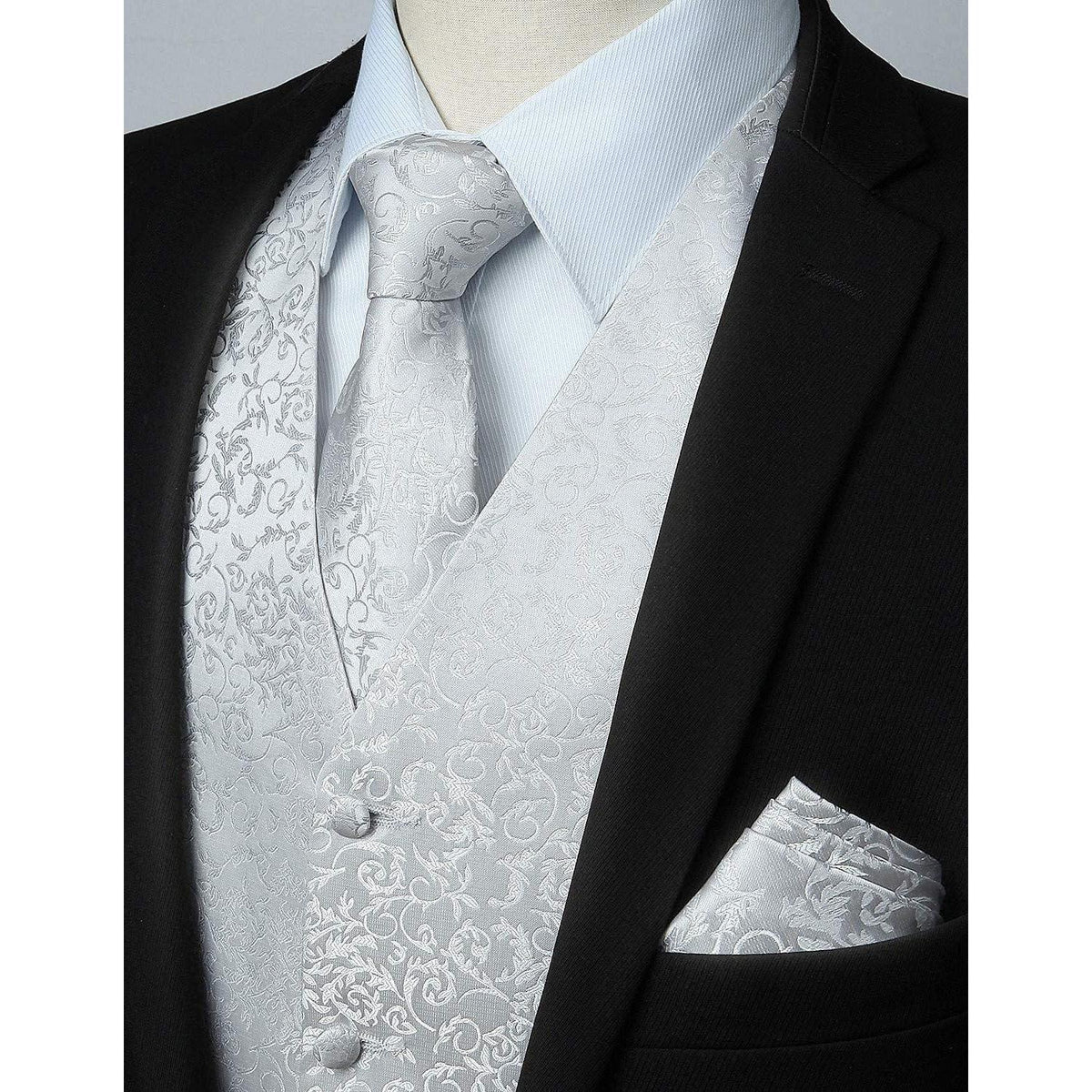 Herren Weste Krawatte Einstecktuch Set Silber-grau Jacquard Seide