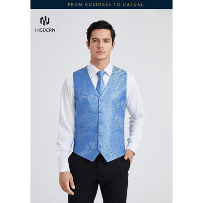 Herren Weste Krawatte Einstecktuch Set Jacquard Hellblau 6XL