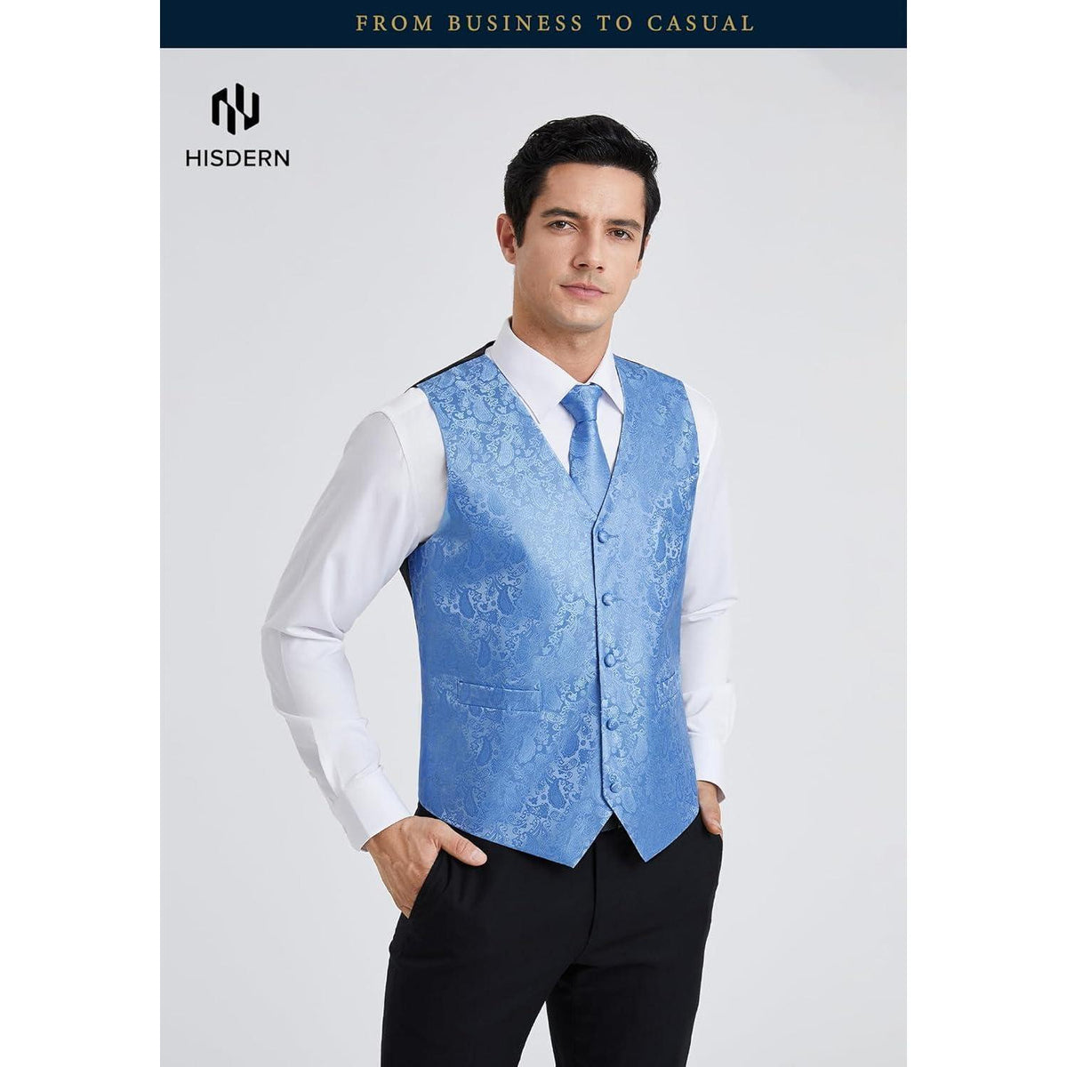 Herren Weste Krawatte Einstecktuch Set Jacquard Hellblau 6XL