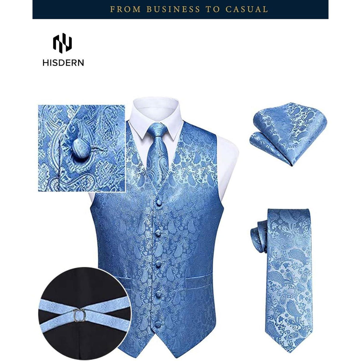 Herren Weste Krawatte Einstecktuch Set Jacquard Hellblau 6XL