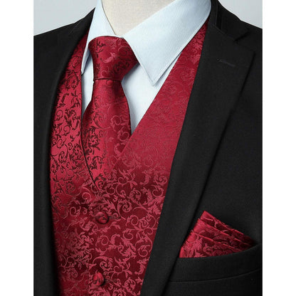 Herren Weste Krawatte Einstecktuch Set Jacquard Burgunder 3XL