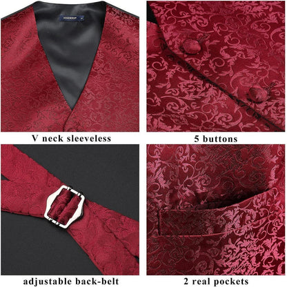 Herren Weste Krawatte Einstecktuch Set Jacquard Burgunder 3XL
