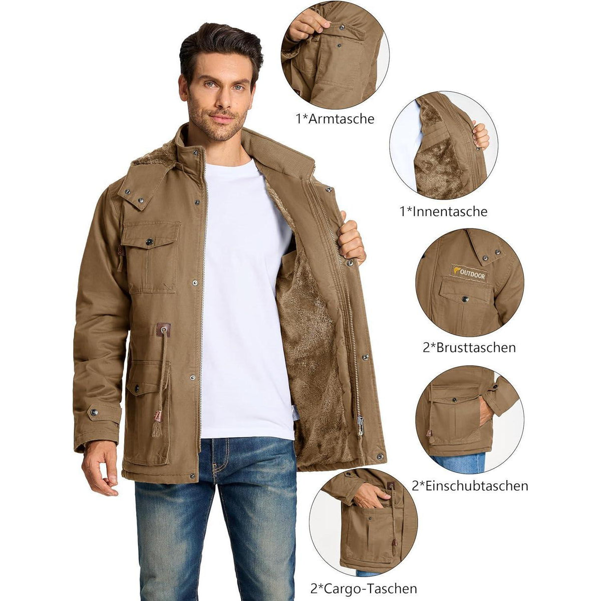 Winterparka Herren Fleecegefüttert mit Taschen & Kapuze