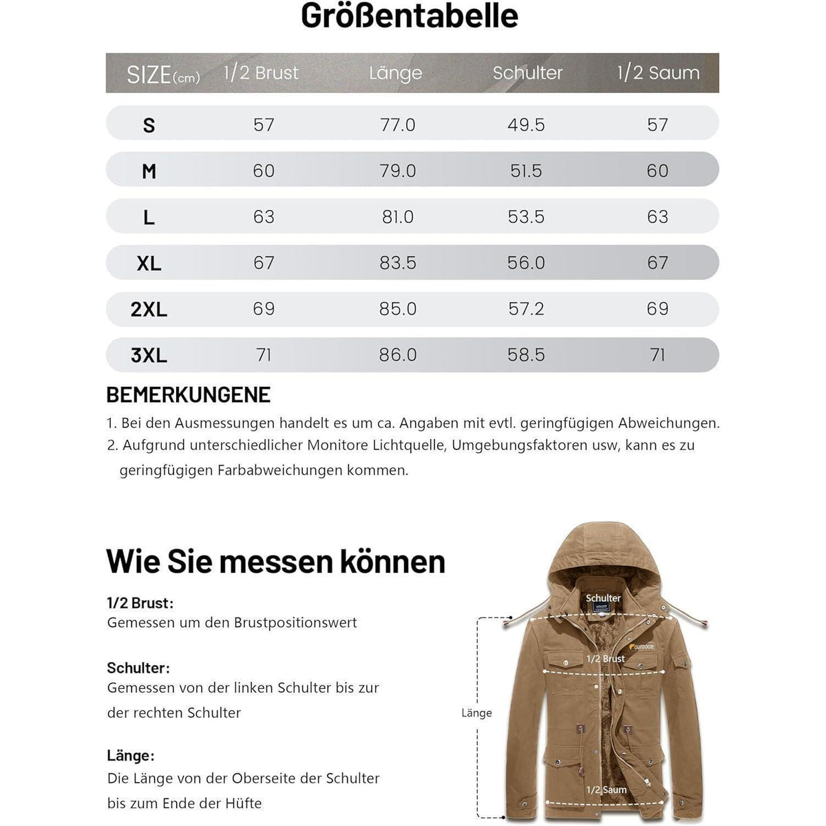 Winterparka Herren Fleecegefüttert mit Taschen & Kapuze