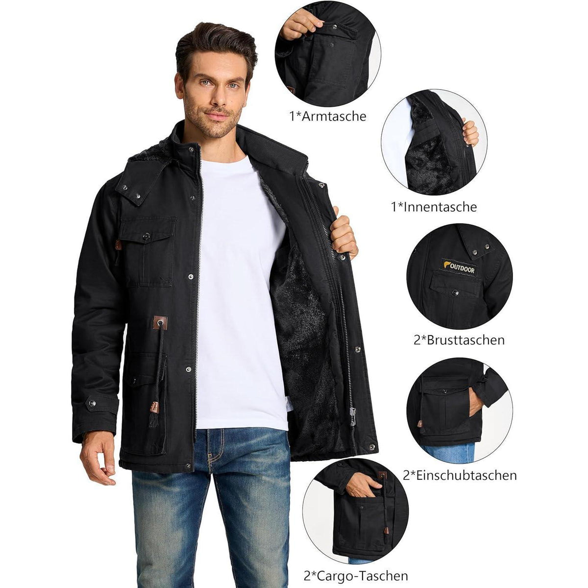 Herren Winterparka Fleecegefüttert mit Taschen & Kapuze