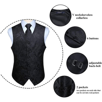 Herren Weste Krawatte Einstecktuch Set Paisley Jacquard 4XL Schwarz